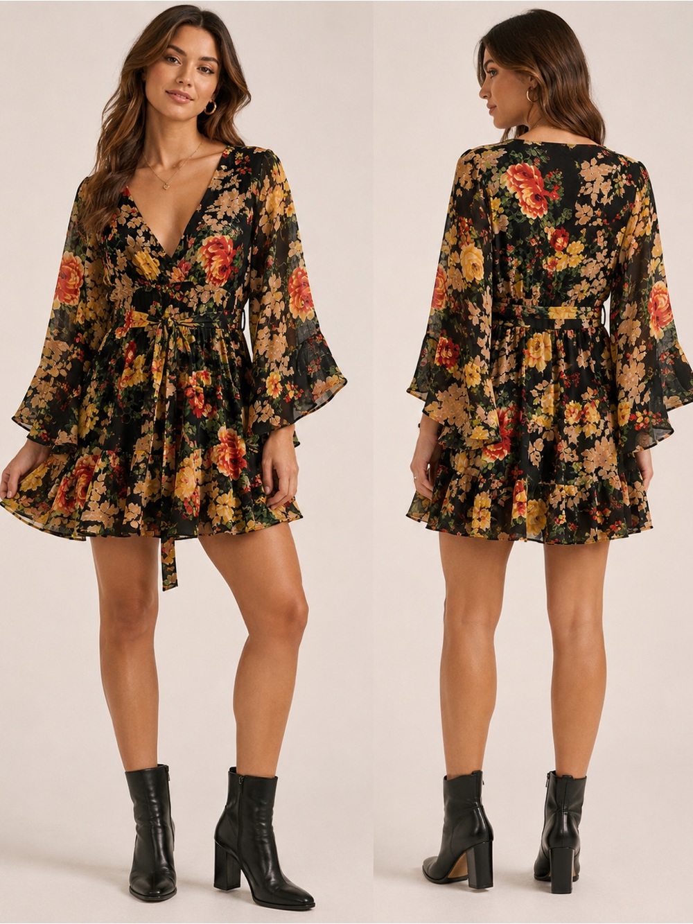 HTF Betsey Johnson 8 Floral Bell Sleeve Dress Boho Whimsigoth Dark Romantic